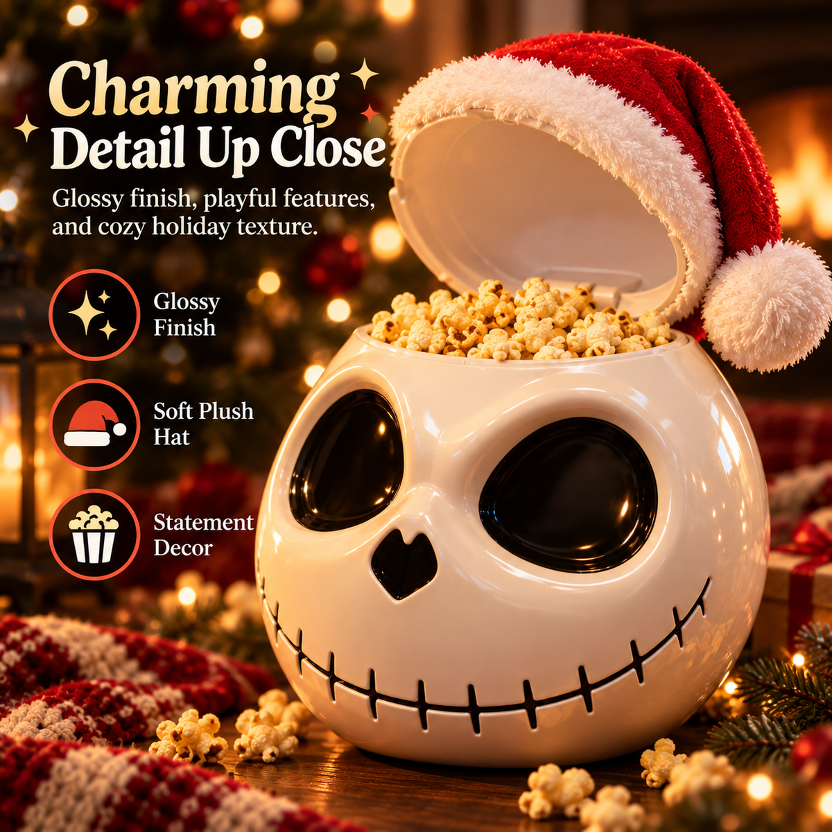 Spooky Skull Popcorn Bucket with Lid, Large Halloween Snack Bowl with Santa Hat Design, Reusable Movie Night Treat Container for Christmas, Parties & Holiday Decor