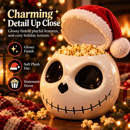 Spooky Skull Popcorn Bucket with Lid, Large Halloween Snack Bowl with Santa Hat Design, Reusable Movie Night Treat Container for Christmas, Parties & Holiday Decor