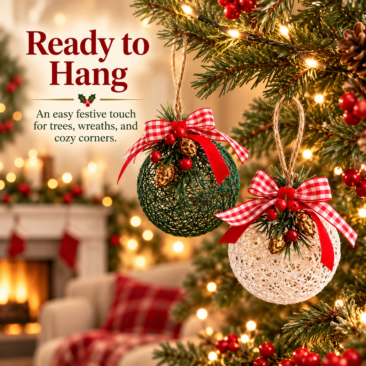 Green and ivory woven Christmas ornaments hanging on a decorated Christmas tree