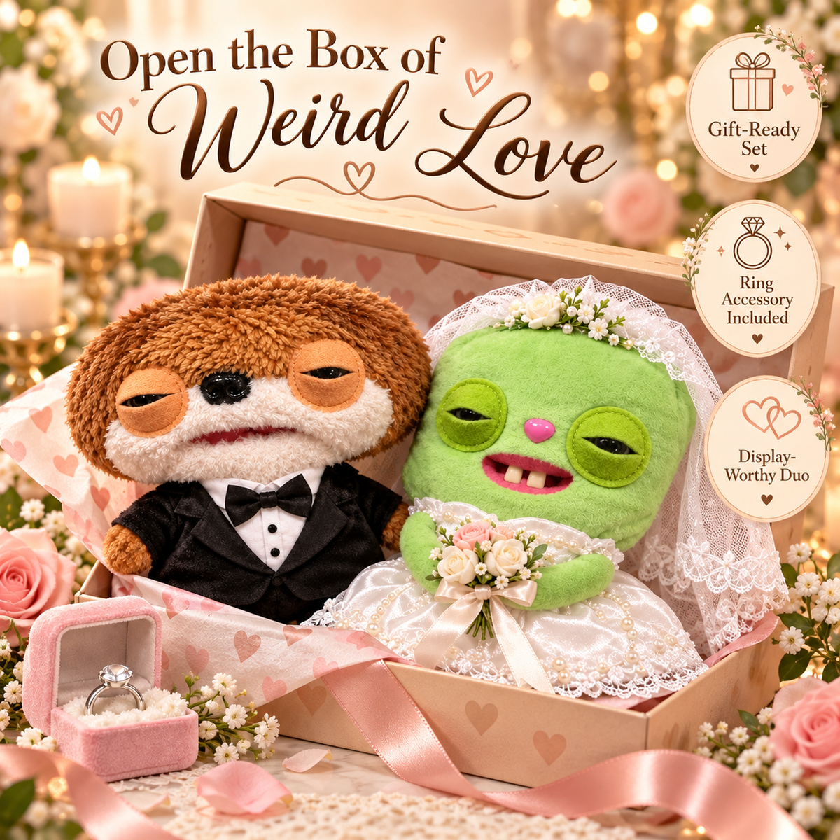 Quirky bride and groom wedding plush toys nestled together in a heart-pattern gift box with flowers and wedding-themed decorative accessories