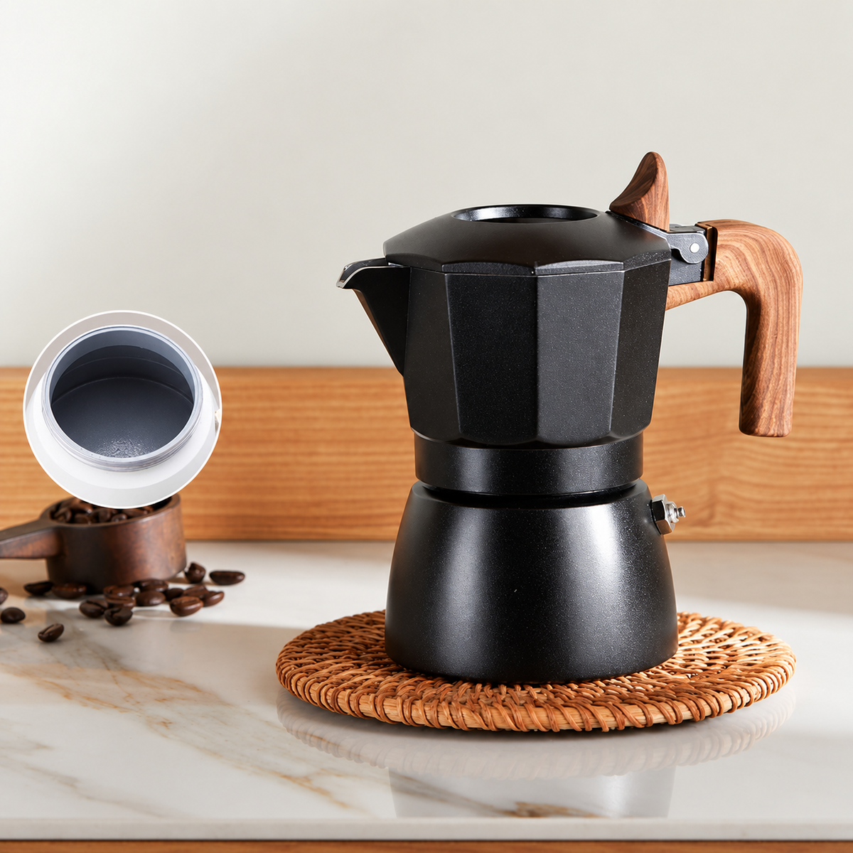 ☕ 2-Cup Electric Moka Pot – Compact Italian Espresso Maker with Ceramic Non-Stick Interior, High-Pressure Extraction & Wood-Style Handle for Home & Office