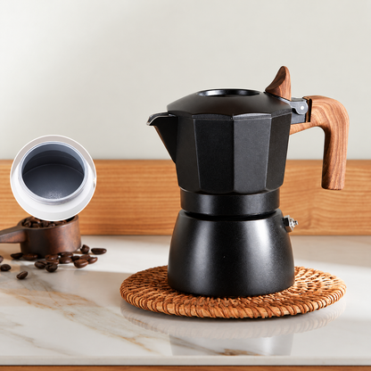 ☕ 2-Cup Electric Moka Pot – Compact Italian Espresso Maker with Ceramic Non-Stick Interior, High-Pressure Extraction & Wood-Style Handle for Home & Office