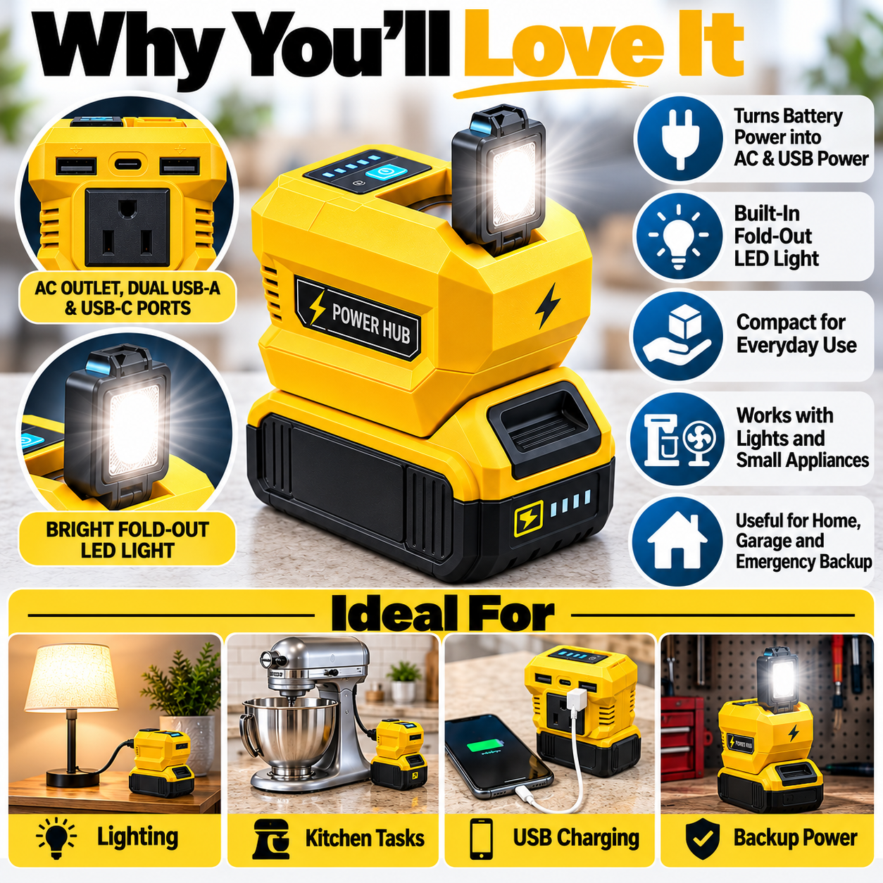 Battery adapter shown with examples of lighting, USB charging and garage use