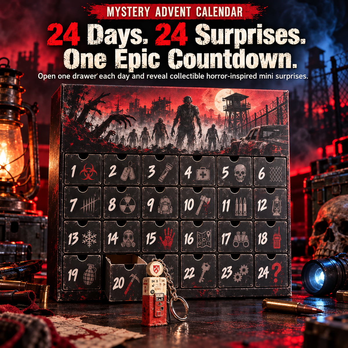 24 day horror mystery advent calendar with numbered drawers and collectible mini keychain surprise