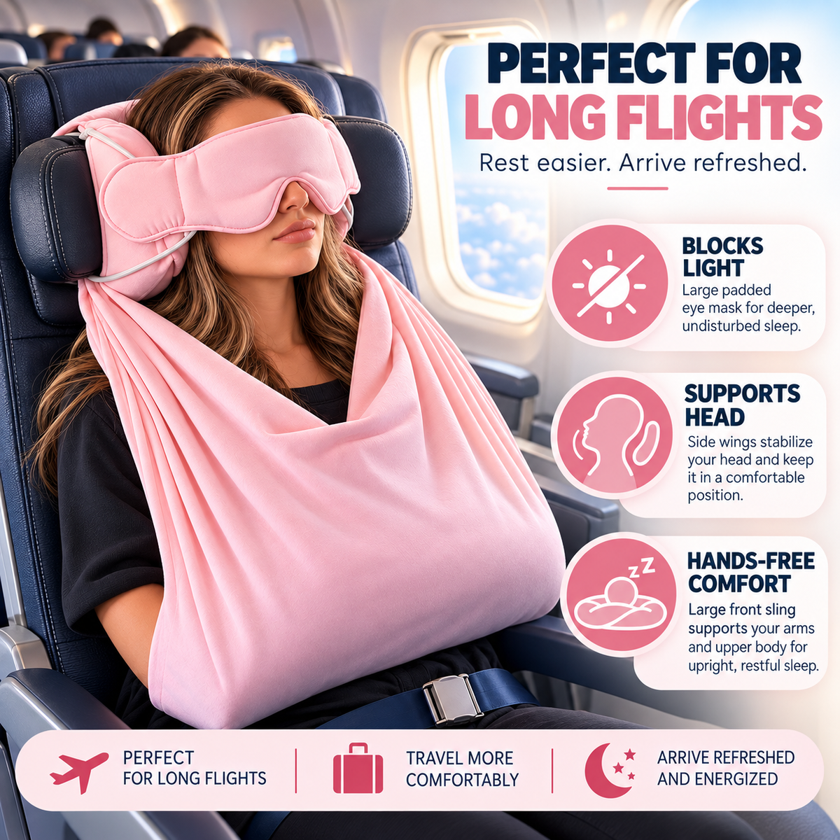 Travel Comfort Sleep Mask – 3-in-1 Airplane Sleeping Hood with Head Support & Light Blocking Eye Mask