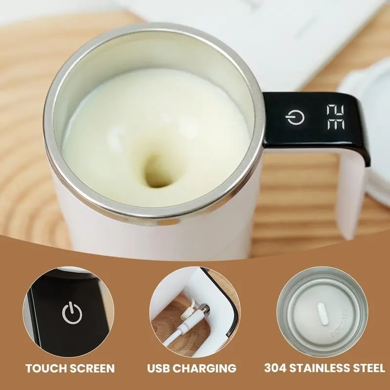 Magnetic stirring mug showing touch control USB charging 304 stainless steel interior and removable magnetic stirrer