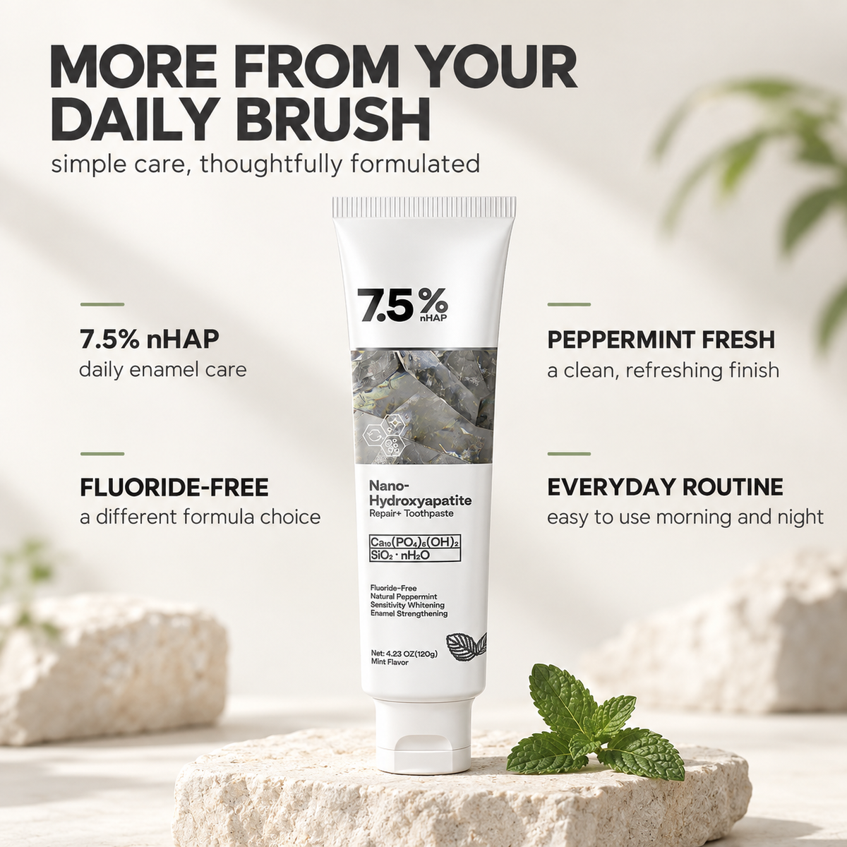 Nano hydroxyapatite toothpaste with 7.5 percent nHAP peppermint and fluoride free formula