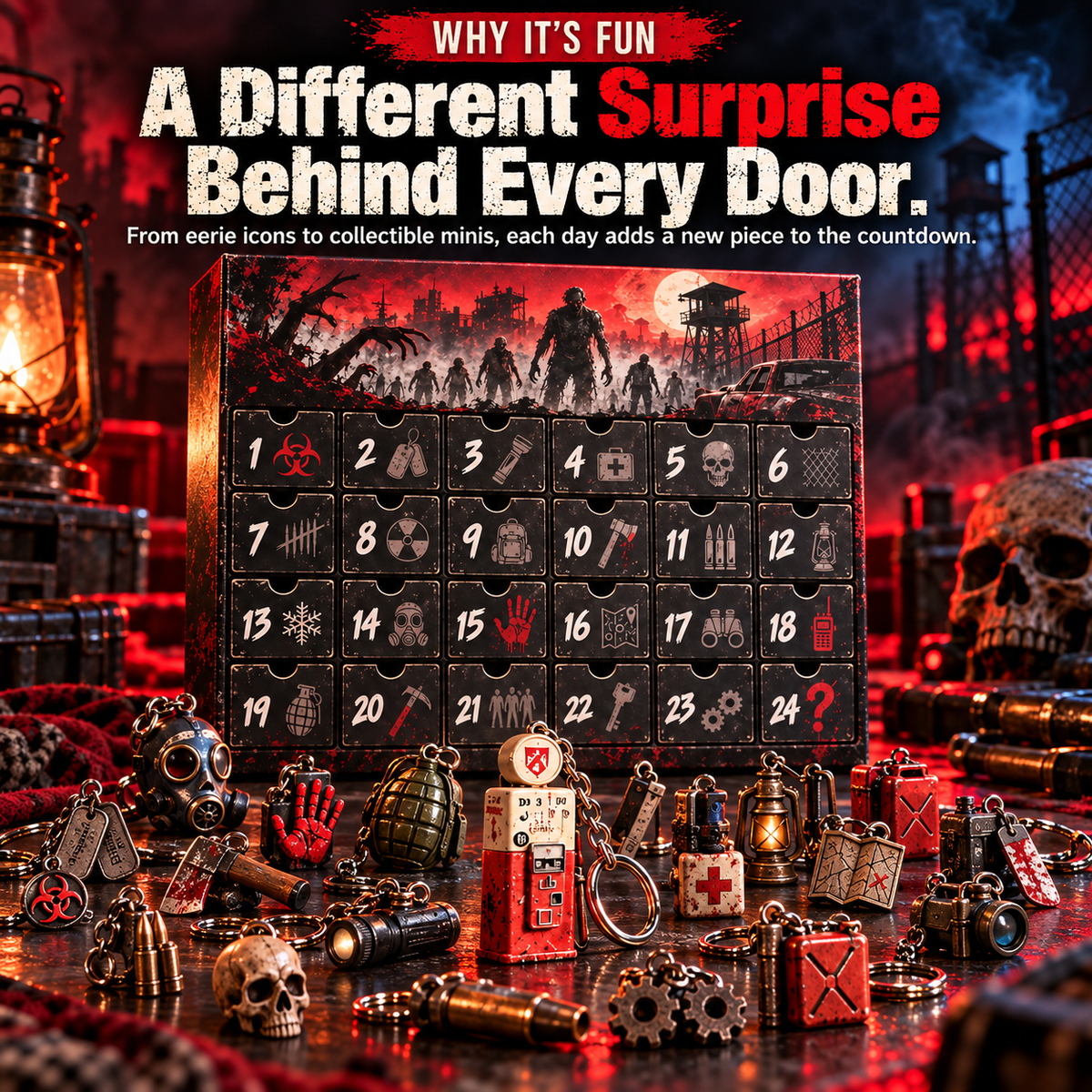 Horror mystery advent calendar with post apocalyptic artwork and assorted collectible mini surprises