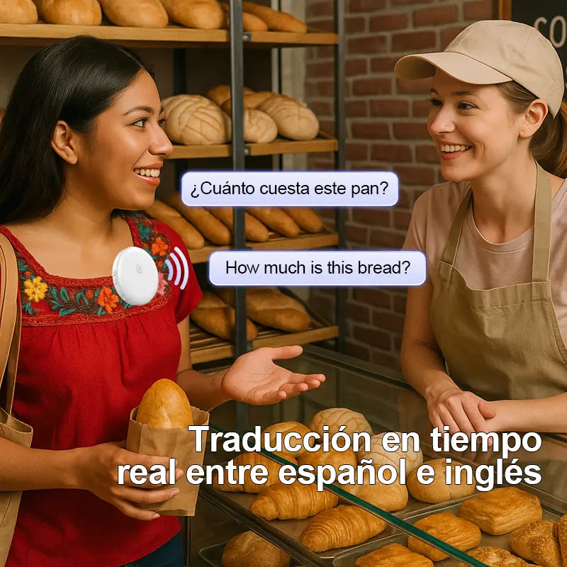 Portable AI language translator helping a Spanish-speaking customer communicate in a bakery