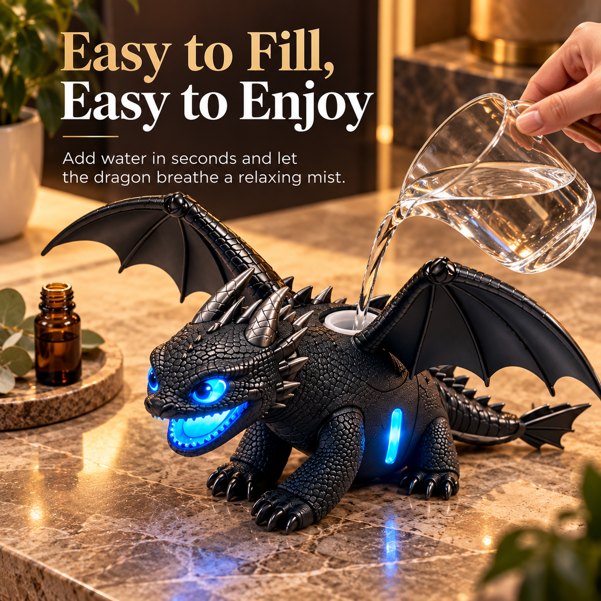 Water being poured into the dragon humidifier's top reservoir before use