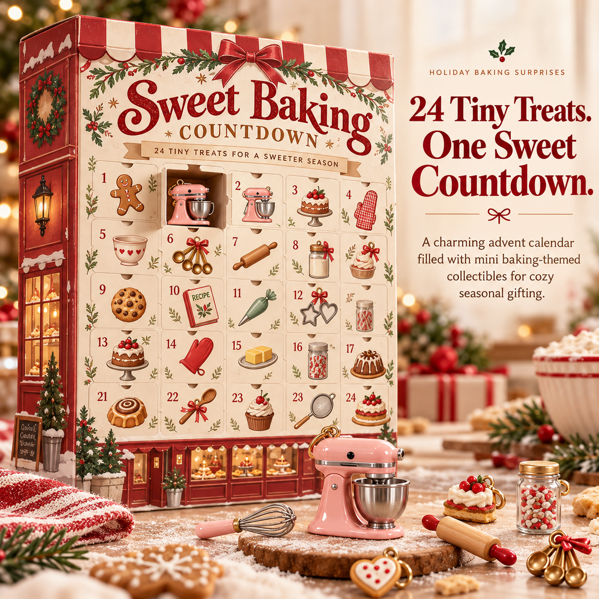 Sweet Baking Countdown advent calendar surrounded by festive miniature baking-themed collectibles