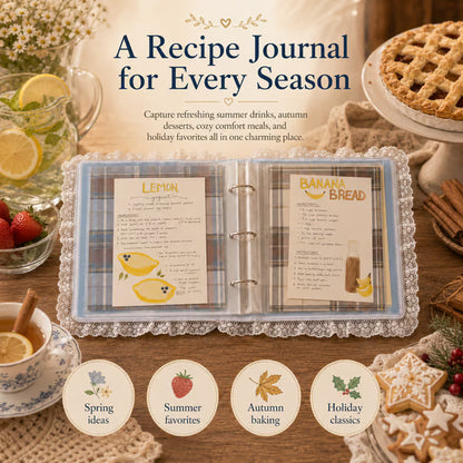 Handmade Blue Gingham Recipe Book – Lace-Trimmed Seasonal Recipe Organizer & Kitchen Keepsake