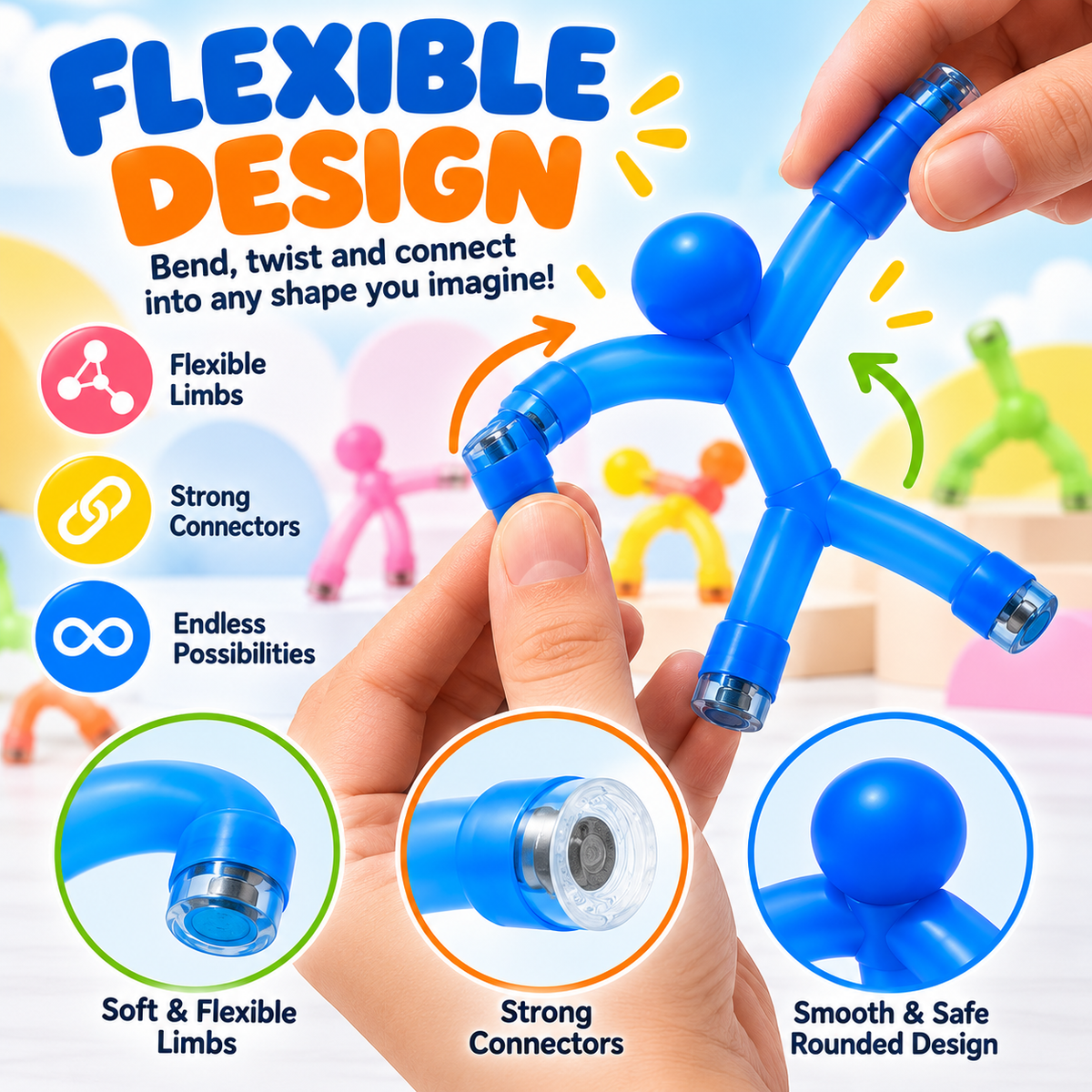 Hands bending blue magnetic figure showing flexible arms legs and connection ends
