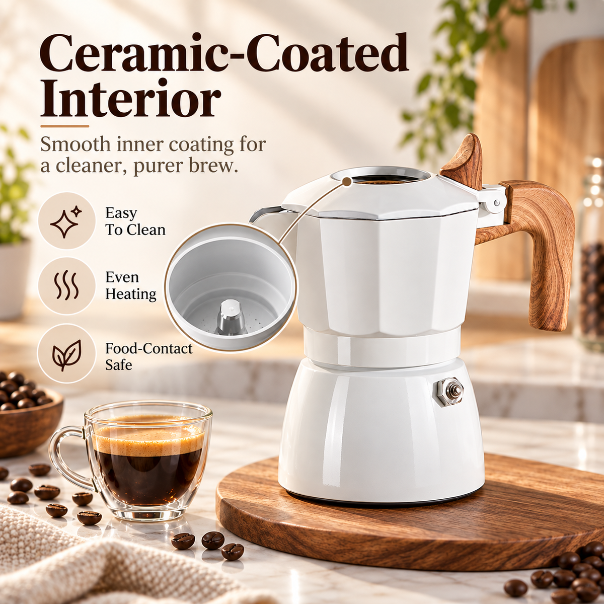 ☕ 2-Cup Electric Moka Pot – Compact Italian Espresso Maker with Ceramic Non-Stick Interior, High-Pressure Extraction & Wood-Style Handle for Home & Office