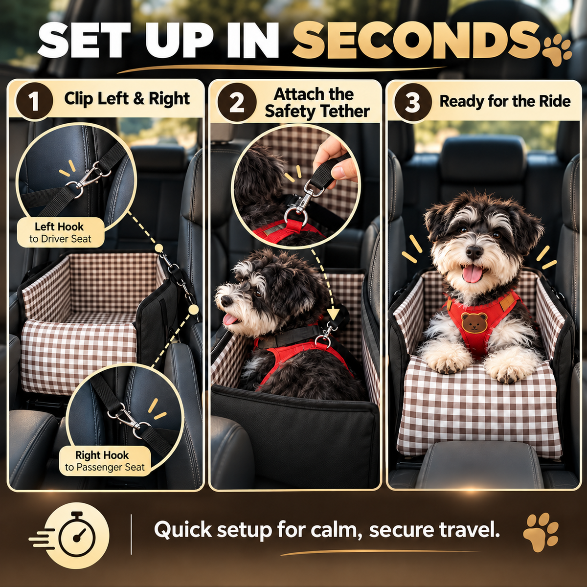 🐶 PawRide™ Center Console Dog Booster Seat – Cozy Elevated Car Seat for Small Dogs