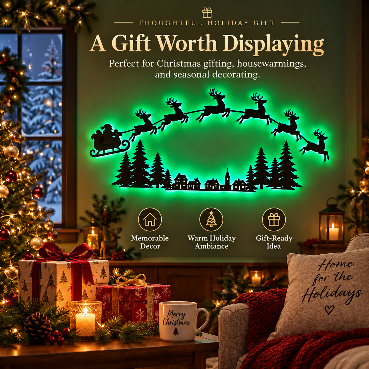 Green glowing Santa and reindeer Christmas wall decor displayed as a holiday gift