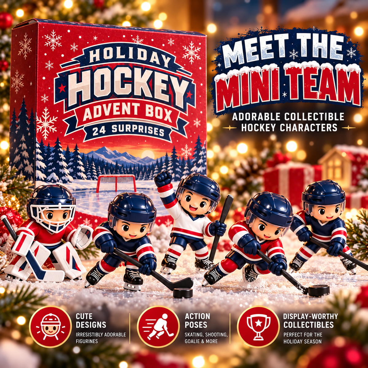 Four adorable miniature ice hockey figures including a goalie and three skating players with sticks, displayed next to a red Christmas hockey advent calendar