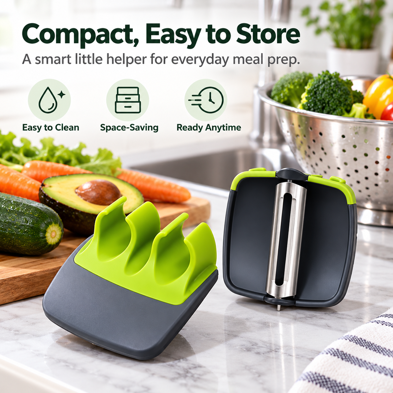 Front and underside views of the compact peeler on a kitchen counter