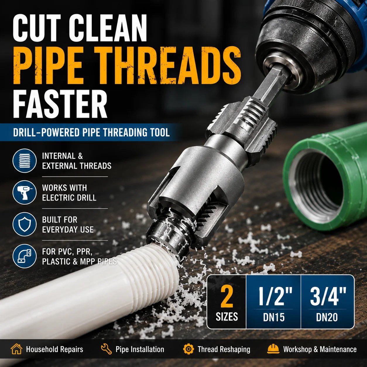 🔥HOT SALE🔥📍Drill-Powered Pipe Thread Cutting Bit — Internal & External Threading for 1/2' & 3/4' Plastic Pipes