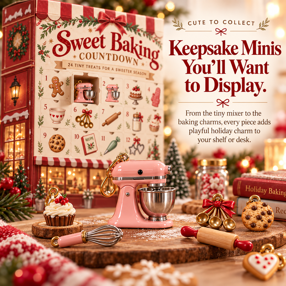 Close-up of miniature pink mixer, tiny cupcakes, baking utensils and holiday collectible charms