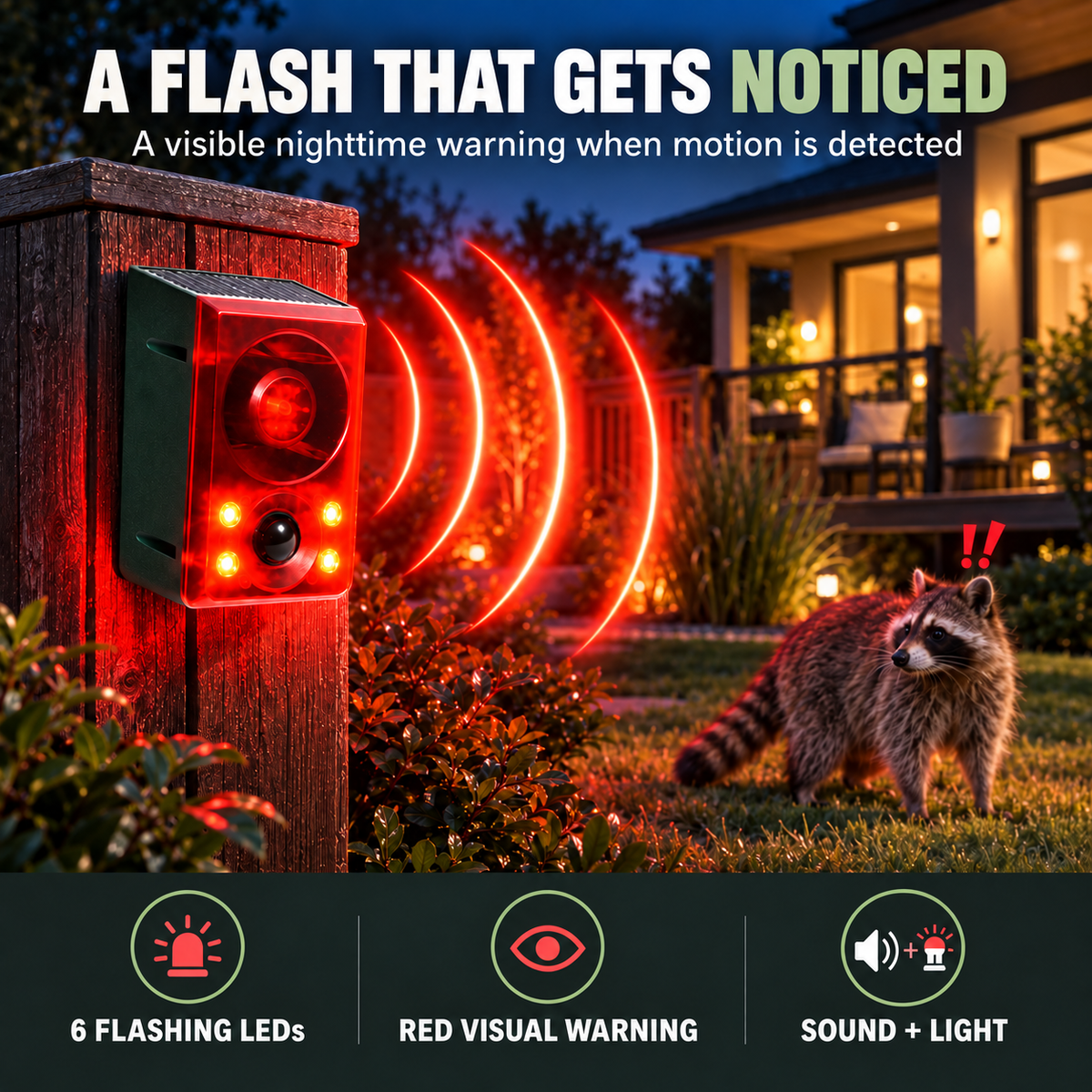 🚨Solar Outdoor Motion Sensor Alarm - Dog Barking & Gunshot Sound, Support Recording and Volume Adjustment, 130dB Noise with Flashing Light to Deter Raccoon, Deer, Skunk, Bear, Coyote