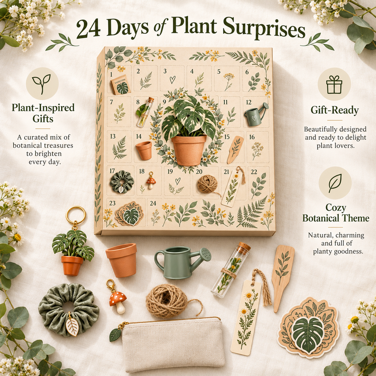 Botanical advent calendar with 24 numbered doors, leafy illustrations, and plant-inspired decorative surprises