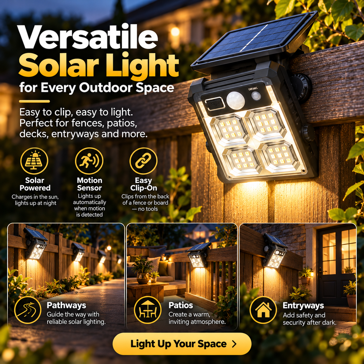 ☀️ SolarClip Pro™ Solar Motion Sensor Light – Easy Clip-On Outdoor LED Security Light