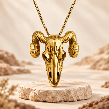 Western Skull Pendant Necklace & Belt Clip, Ram Horn and Deer Designs, Silver & Gold Tone with Turquoise-Style Accent, Cowboy Statement Jewelry Gift