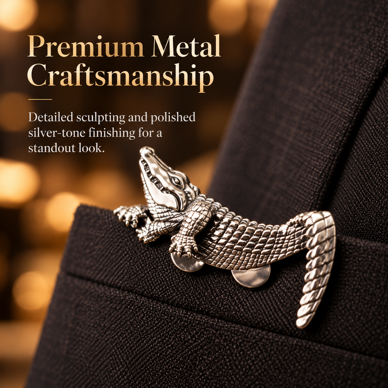 Close-up of crocodile-shaped silver-tone pocket accessory