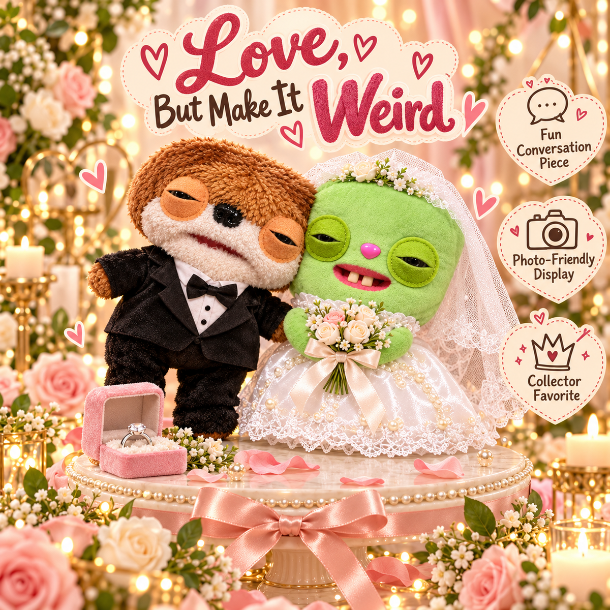 Funny brown groom and green bride plush couple posed together on a romantic display pedestal with pink flowers, candles and wedding decorations