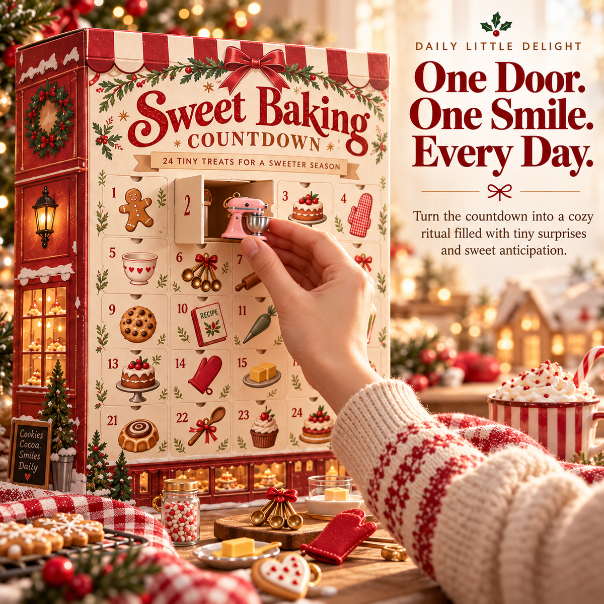 Opening a numbered door on the Sweet Baking Christmas advent calendar to reveal a miniature surprise