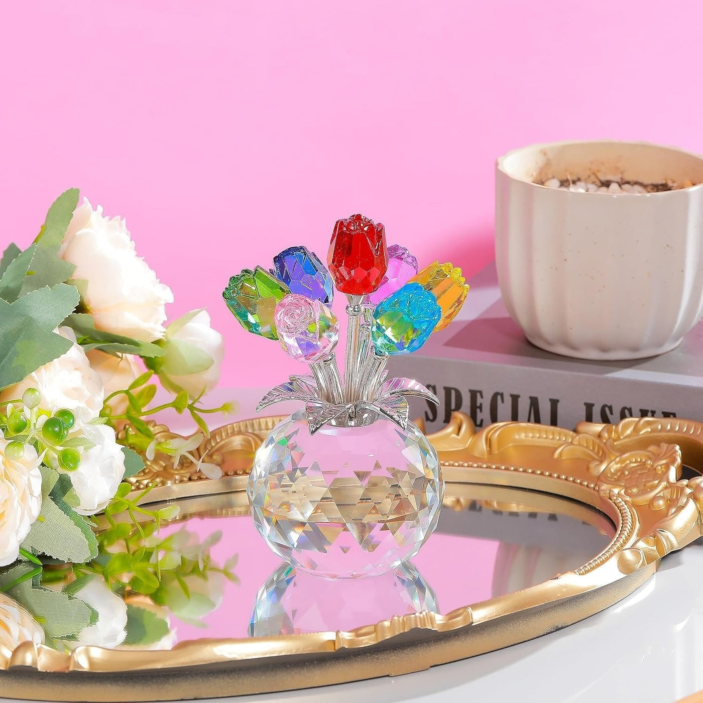 Colorful decorative rose bouquet displayed on a vanity