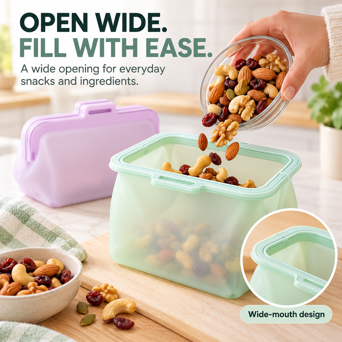 🥜 FreshFold™ Reusable Food Storage Bags – Stand-Up Silicone Pouches