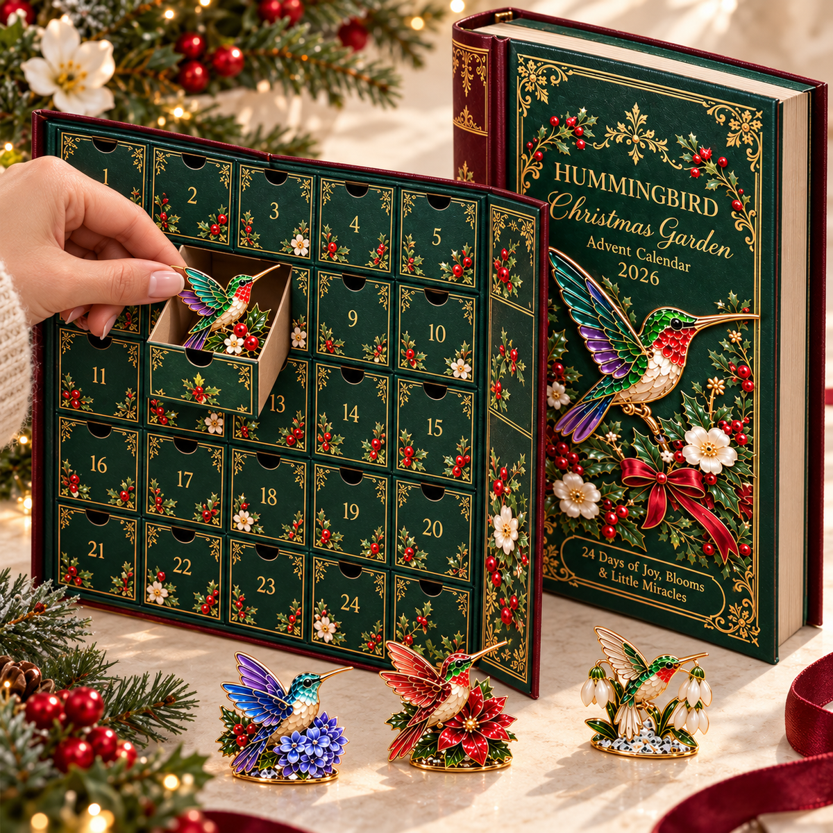 Hand opening a numbered compartment to reveal a colorful hummingbird collectible