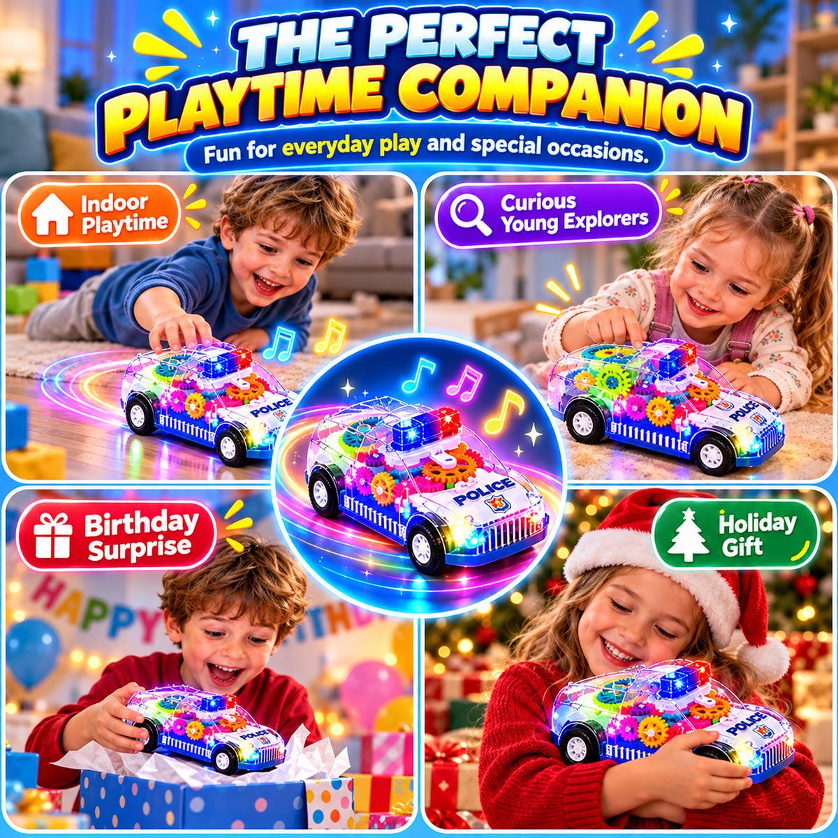🚓 Transparent Gear Police Toy Car – Spinning Gears, LED Lights & Music