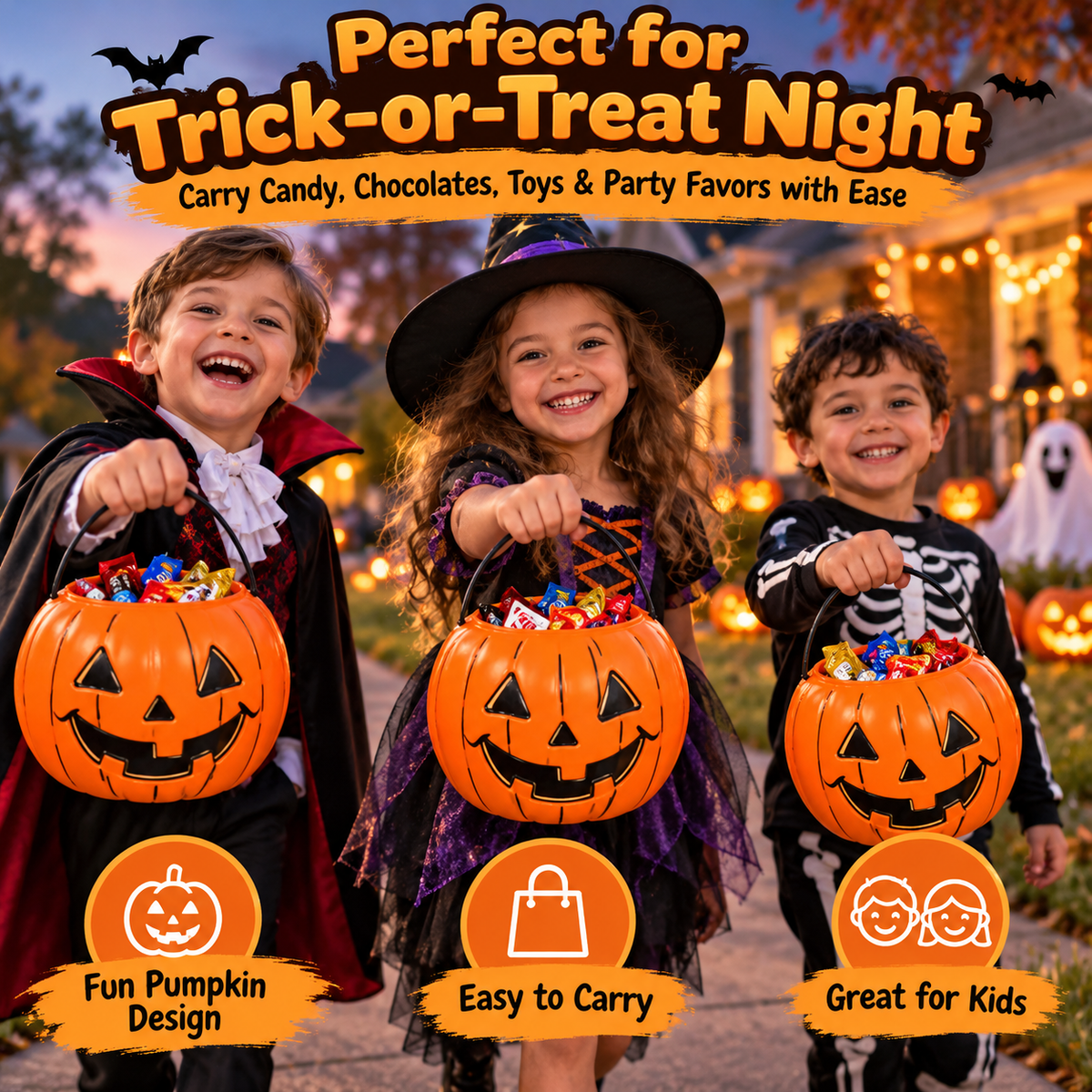 🎃 PumpkinPal™ Halloween Trick-or-Treat Candy Bucket – Classic Reusable Jack-O’-Lantern Basket