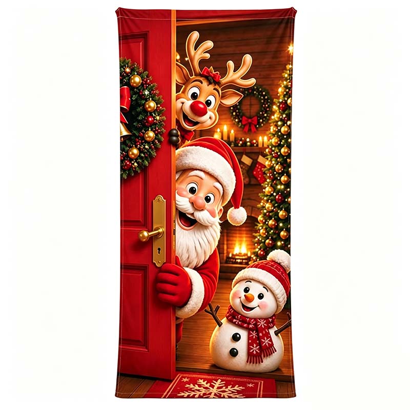 Christmas door cover variant showing Santa, a reindeer and a cheerful snowman