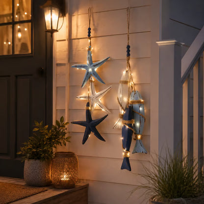 🐟🌊Lighted Coastal Wooden Starfish & Fish Hanging Decor