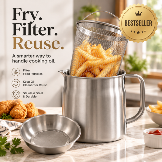 ✨ Stainless Steel Cooking Oil Filter Pot Set | Removable Mesh Basket + Drip Tray | Lift, Drain & Reuse Frying Oil 🍟🔥