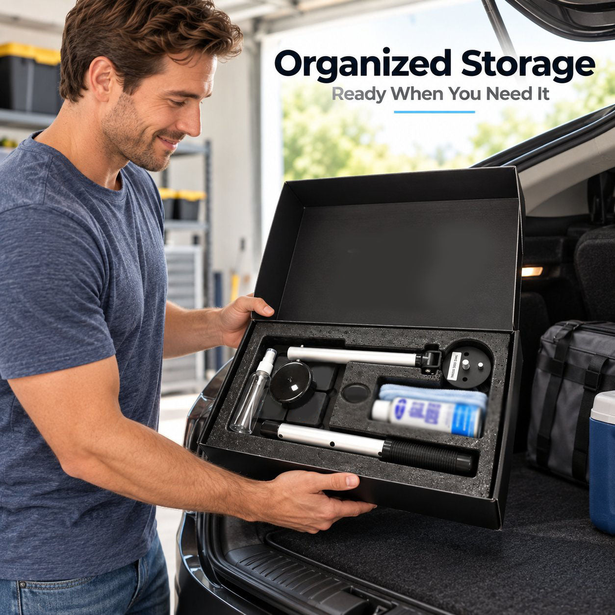 Dual magnetic windshield cleaner components arranged inside storage box