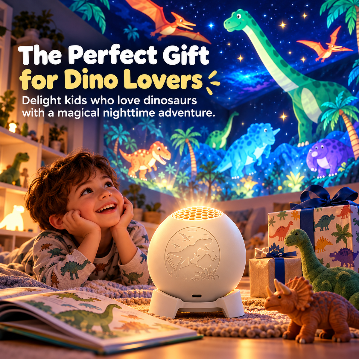 Happy dinosaur-loving child enjoying a dinosaur night light projector as a special gift