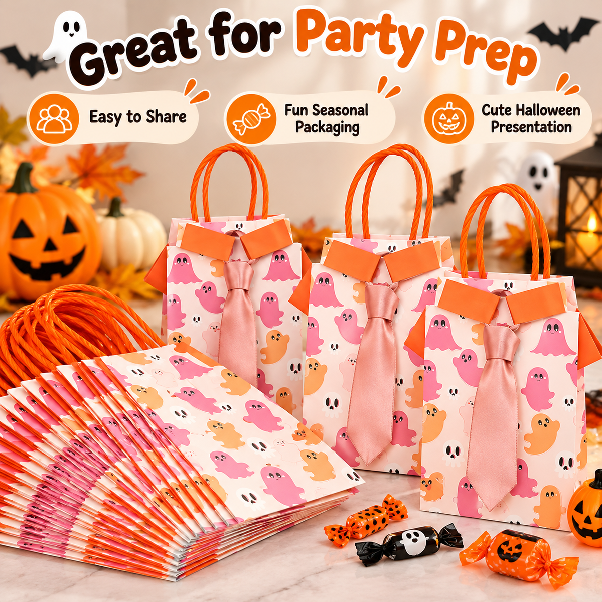 Multiple BooBows Halloween treat bags arranged for party preparation