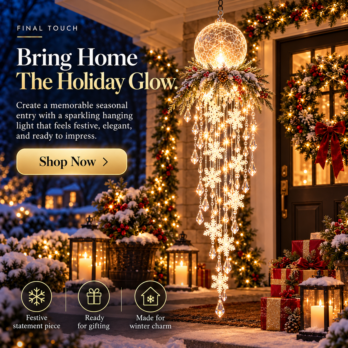 ❄️SnowGlow™ Illuminated Snowflake Hanging Lantern – Winter Entryway Décor