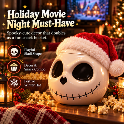 Spooky Skull Popcorn Bucket with Lid, Large Halloween Snack Bowl with Santa Hat Design, Reusable Movie Night Treat Container for Christmas, Parties & Holiday Decor