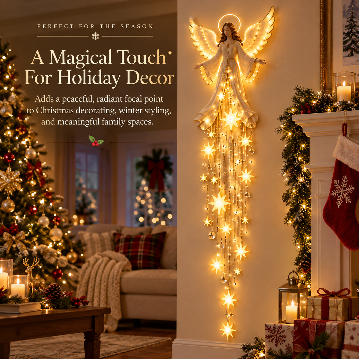 Christmas Angel Wall Light Decor, Warm LED Lighted Angel with Hanging Star Lights, Elegant Holiday Wall Decoration for Home, Living Room, Bedroom & Entryway