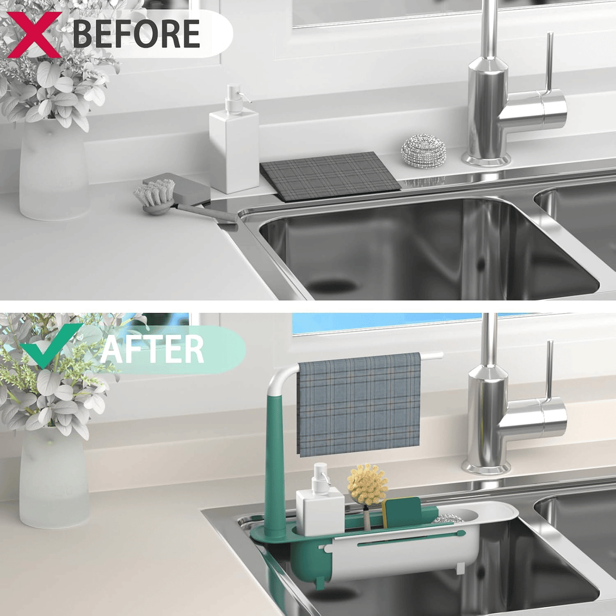 Before and after comparison of kitchen sink tools organized using a green telescopic sink rack