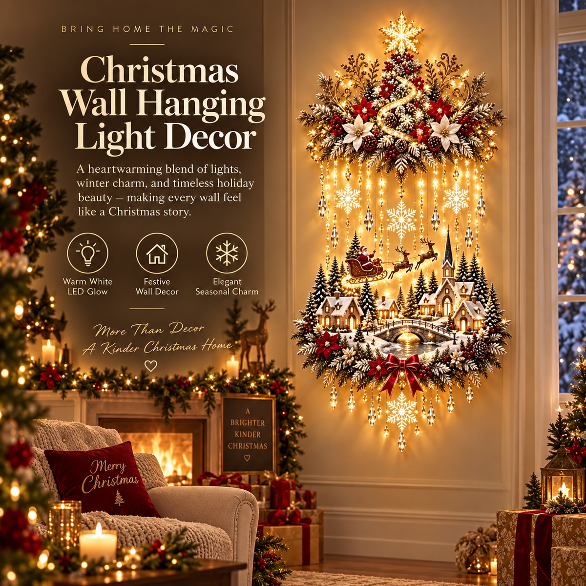 Lighted Christmas Wall Hanging Decor, Warm White LED Holiday Wall Decoration with Snowflakes, Santa Sleigh & Winter Village, Festive Christmas Home Decor for Living Room, Entryway & Fireplace