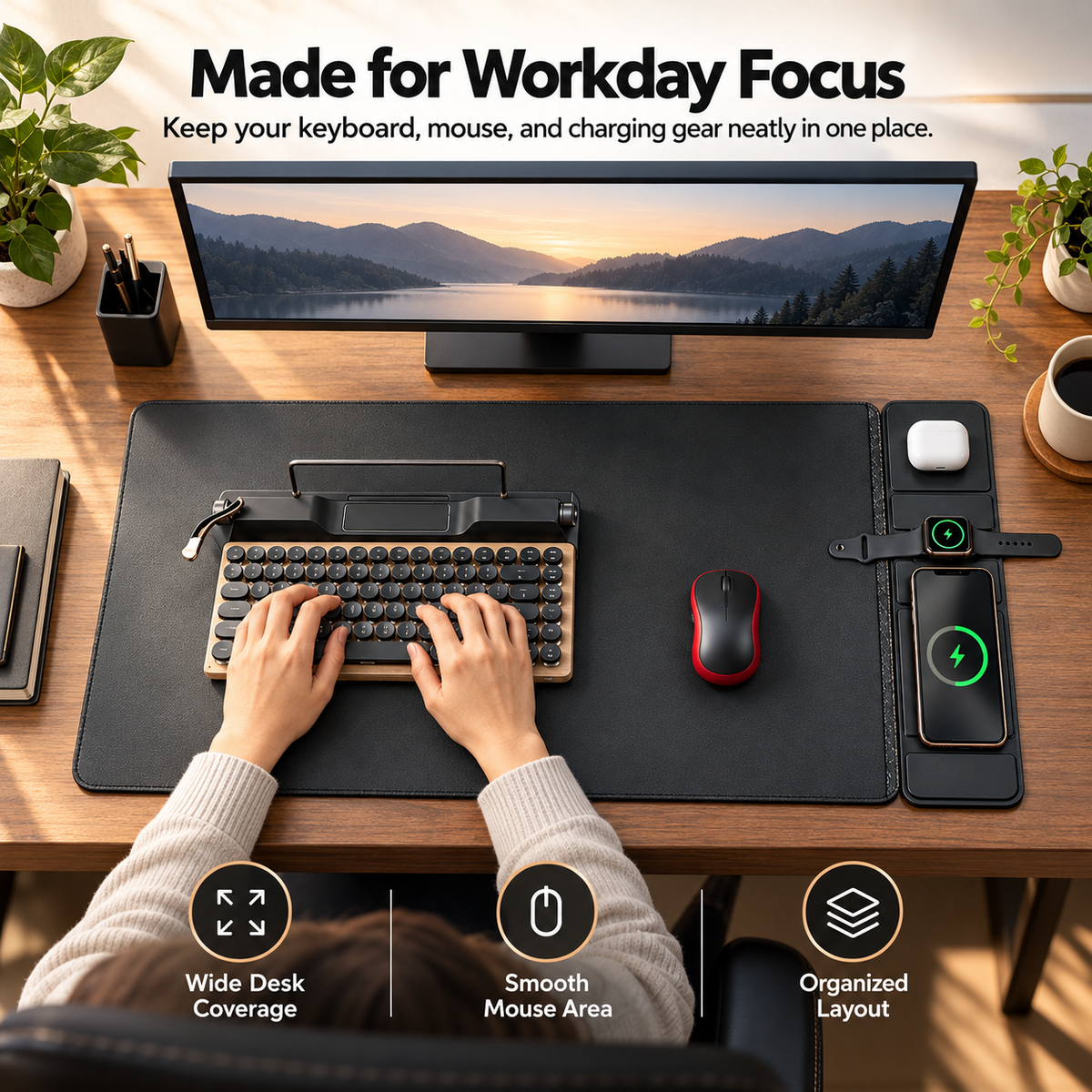 All-in-One Smart Desk Mat with Wireless Charging, Large Office Desk Pad with Phone, Watch & Earbud Charging Area, Multifunctional Workspace Organizer for Home Office & Gaming Desk