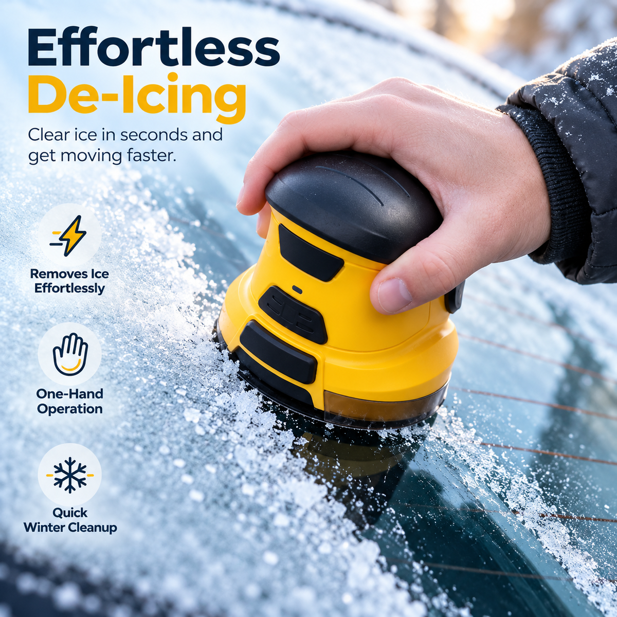 Driver using a compact electric ice scraper with one hand on an icy car window