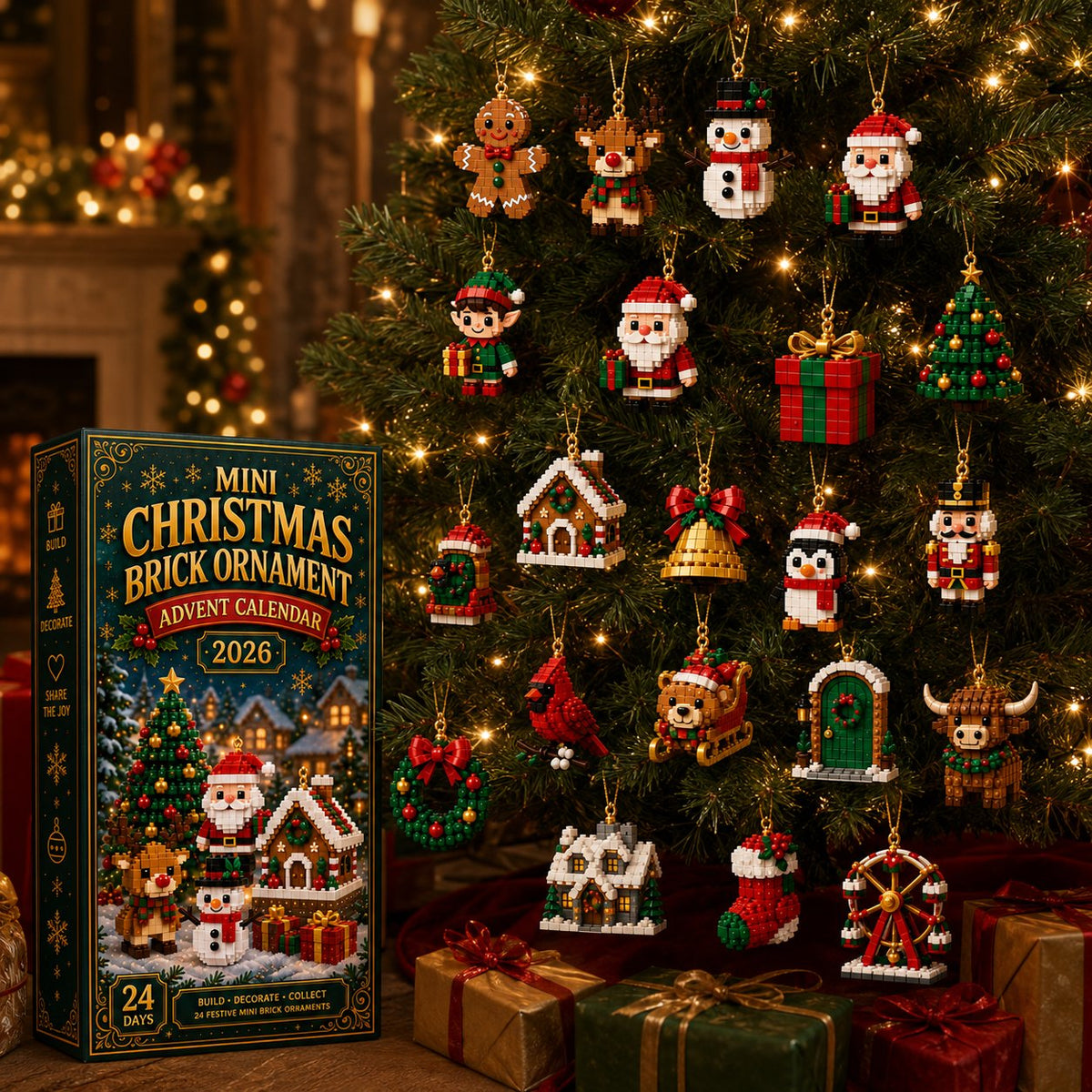 Christmas tree filled with many handmade mini brick ornaments from the Advent calendar
